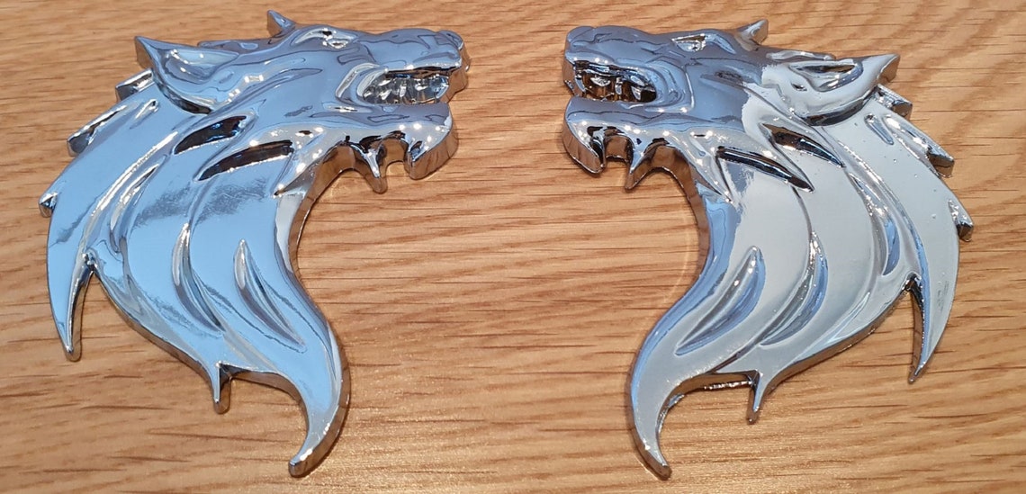 Pair 3D Wolf Head Car Metal Emblem Motorcycle Badge Badgeslide