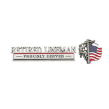RETIRED LINEMAN Proudly Served car emblem with chrome lettering and red and black accents
