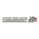 3D metallic RETIRED TRUCK DRIVER Keeping America Moving car emblem with chrome lettering and red and black accents