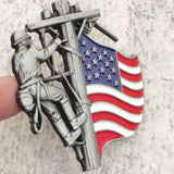 RETIRED LINEMAN Proudly Served car emblem with chrome lettering and red and black accents
